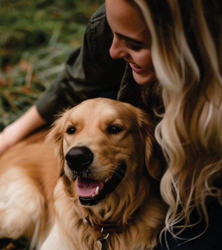 Woman smiling with golden retriever dog outside