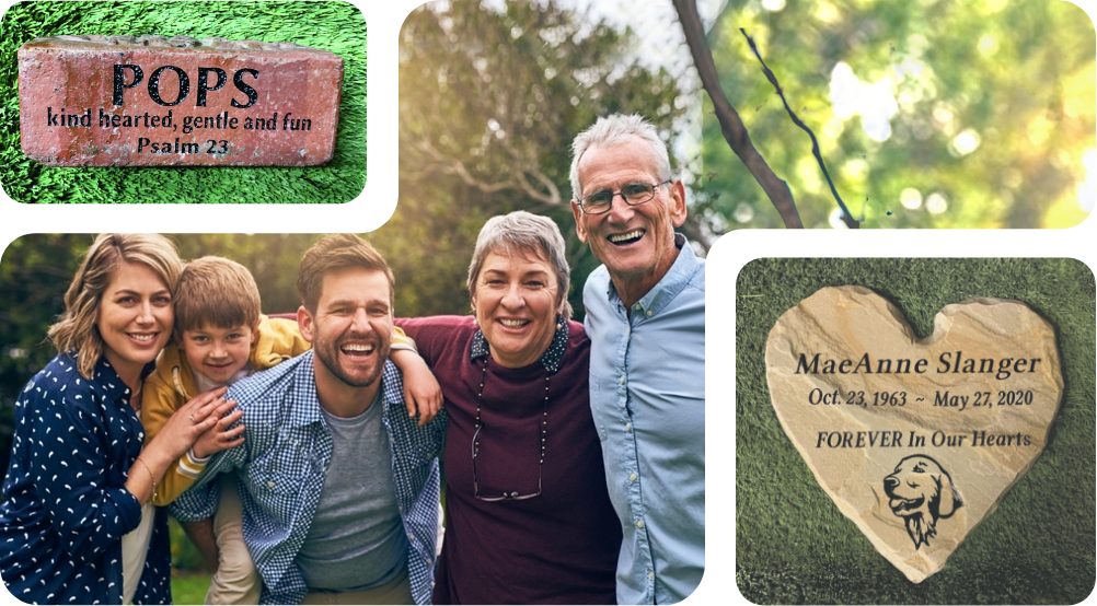 Family smiling with memorial bricks