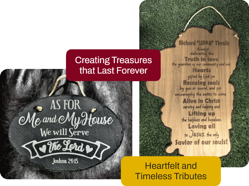 Inspirational plaques with heartfelt messages and tributes.